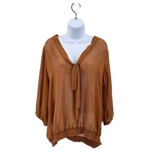 Old Navy Orange Sheer Blouse 3/4 Sleeve WMNS XL V-neck Knot Front Smocked Hem